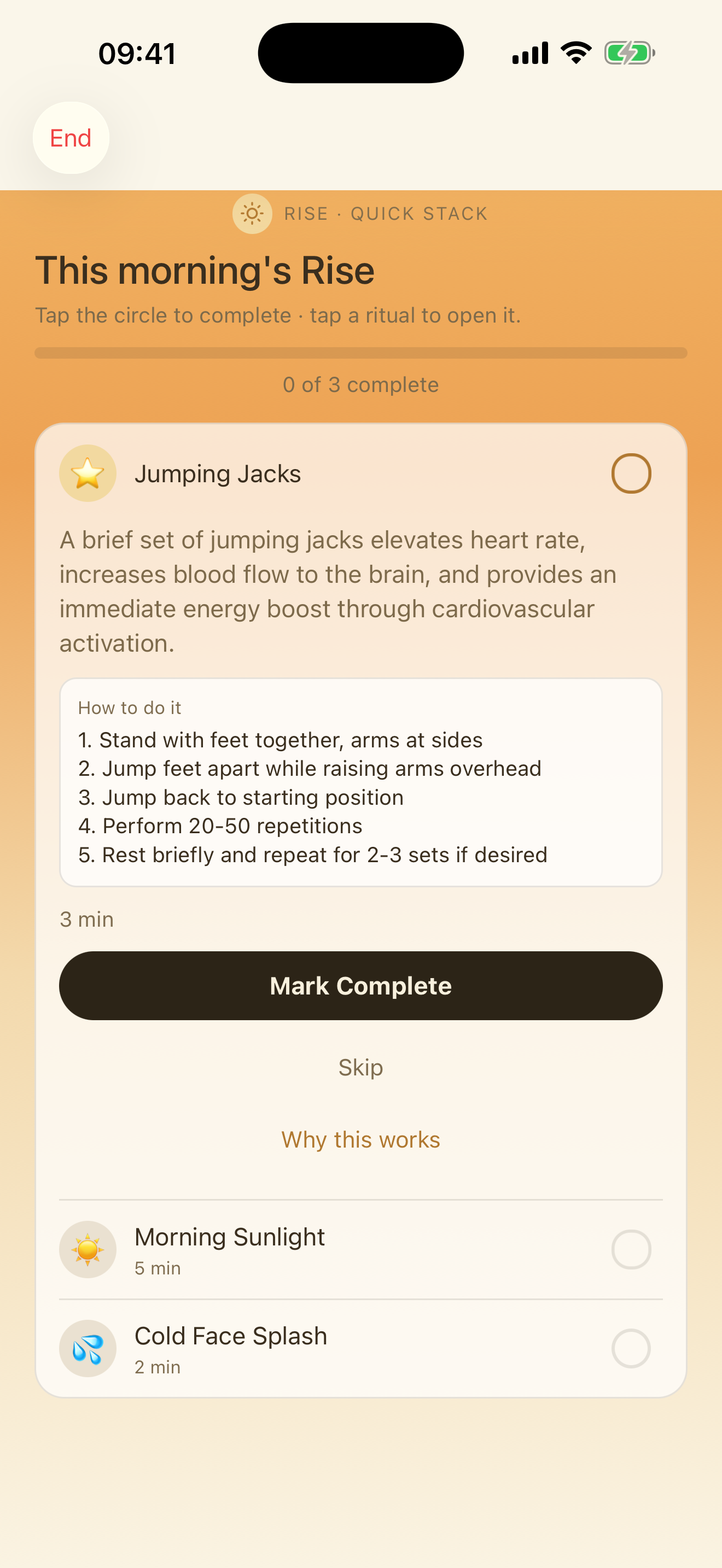A guided Rest+Rise breathing session with timer and controls