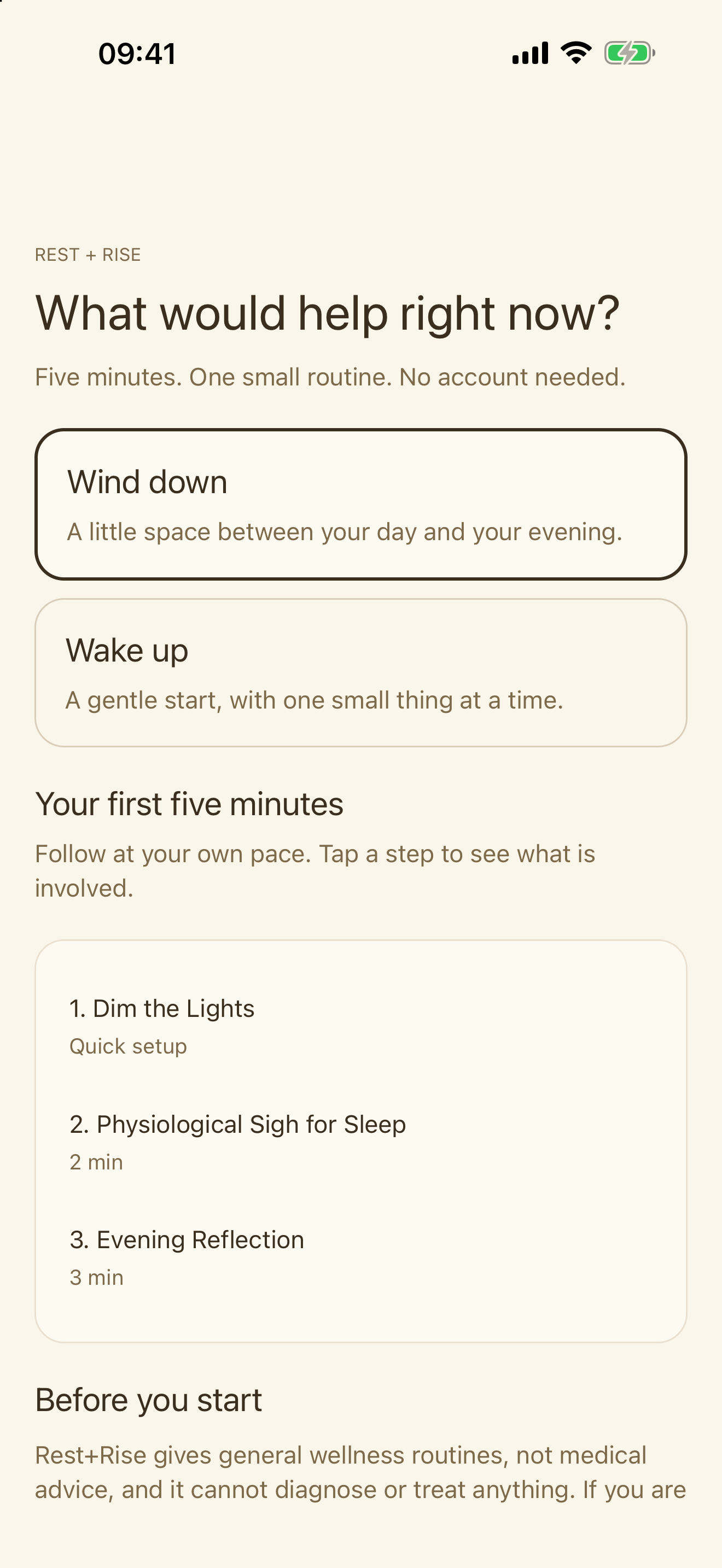 Choose Wind down and see your first five-minute routine