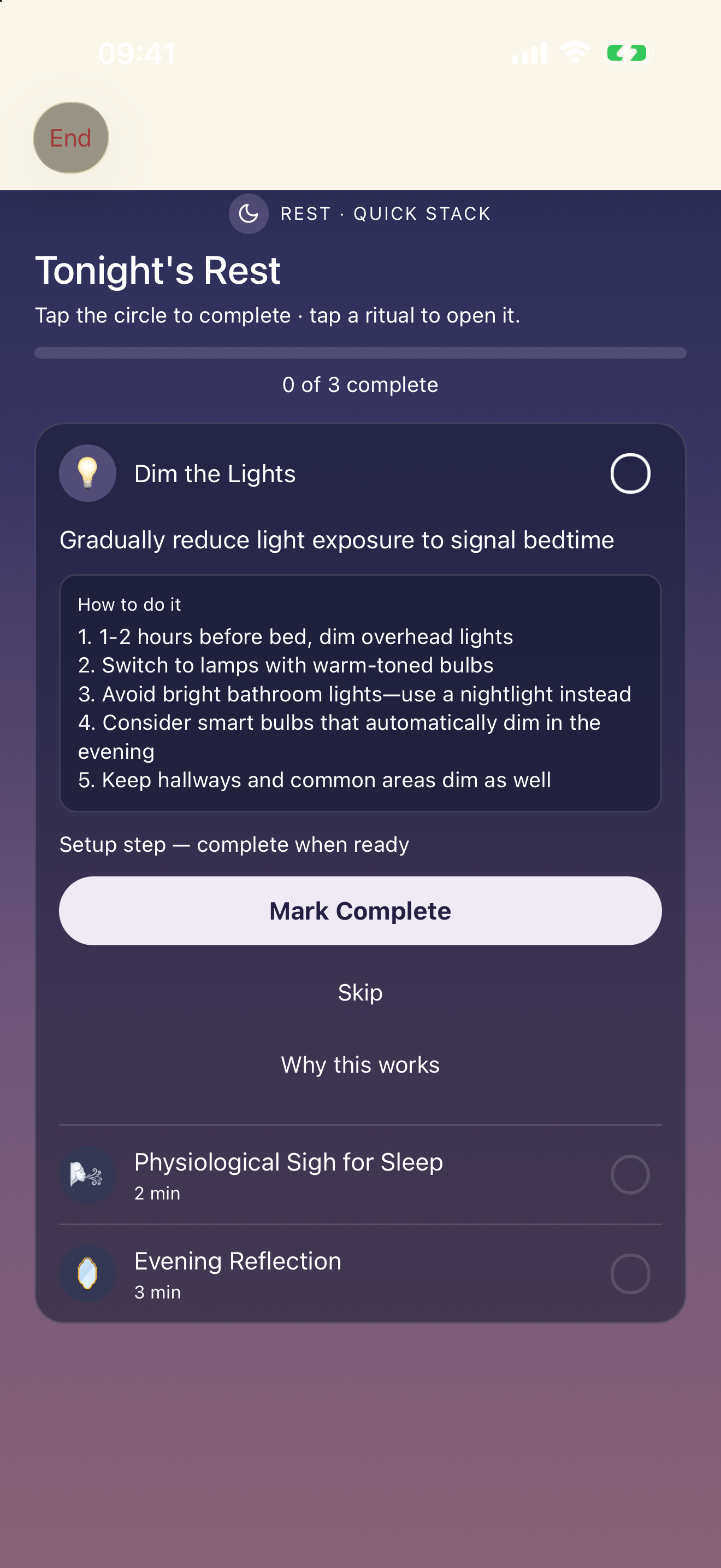 Follow the evening checklist in Rest+Rise